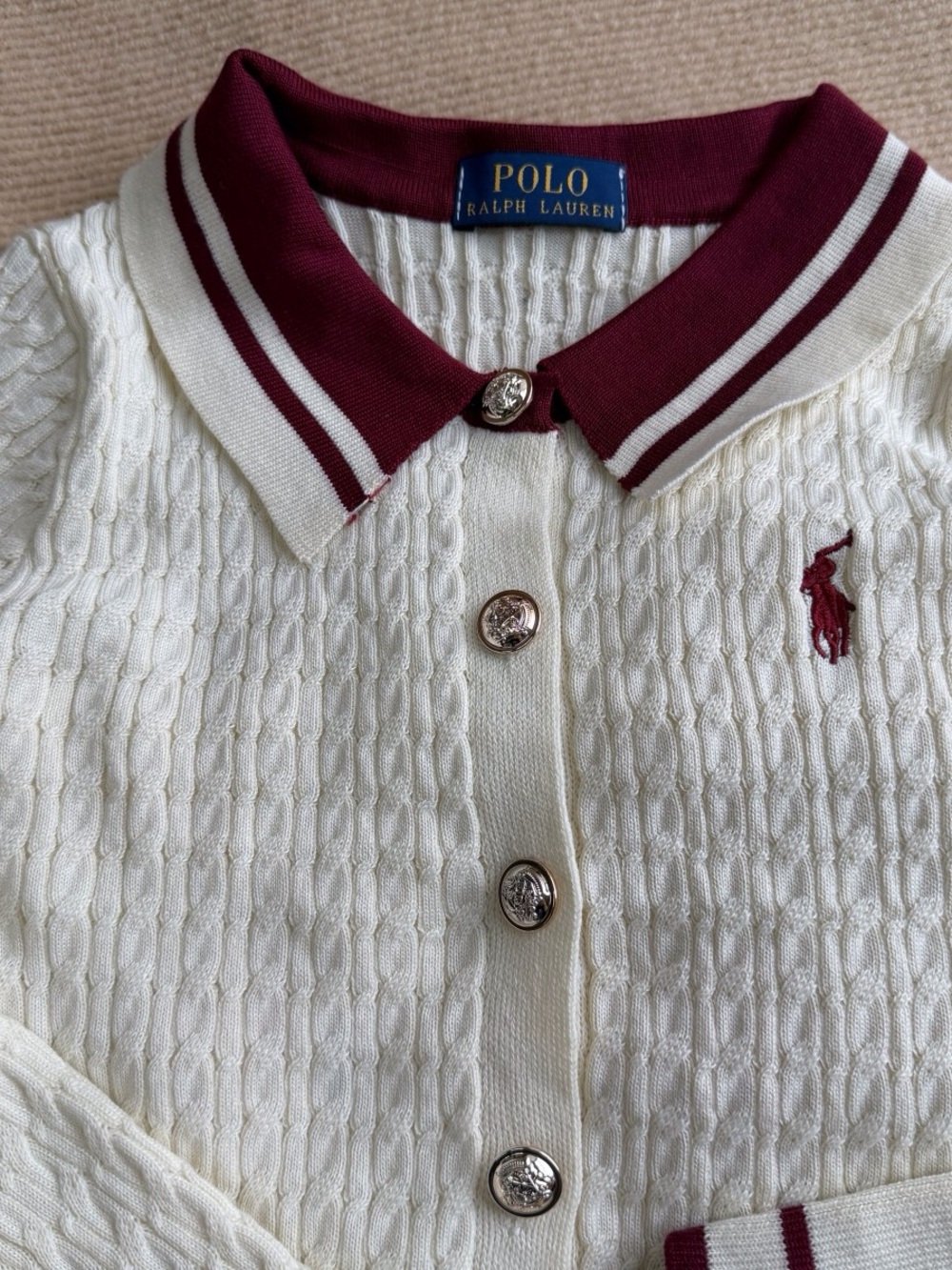 Polo by Ralph Lauren Cream Knit Polo Collar Skirt Set with Maroon Trim - Picture 5 of 8